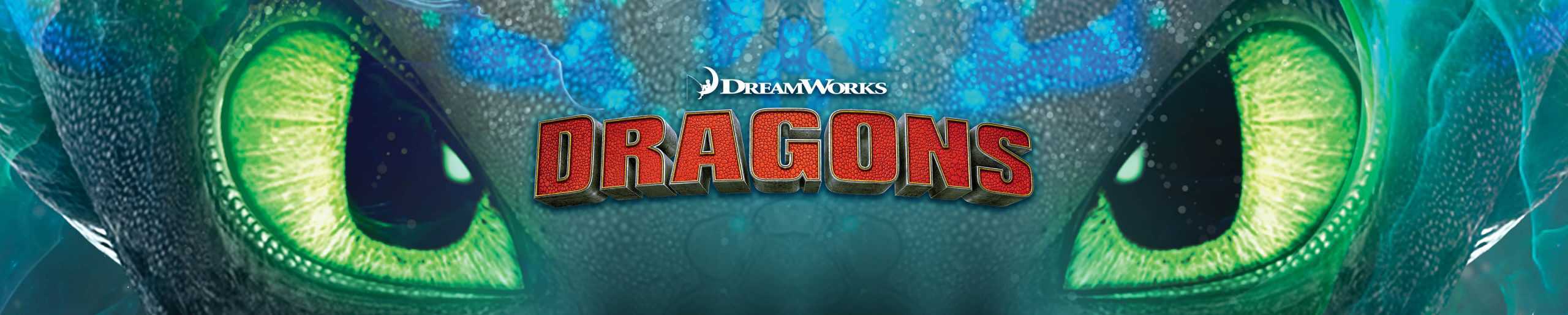 Header mit Schriftzug und Dreamworks Logo - Dragons 3- Drachenzähmen leicht gemacht. Figuren und Drachen.