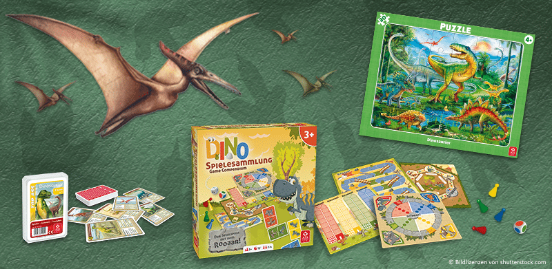Die Dino-Spielesammlung, das Dino-Quartett und das Dino-Puzzle sorgen für tolle Dinosaurier-Momente im Wohnzimmer.