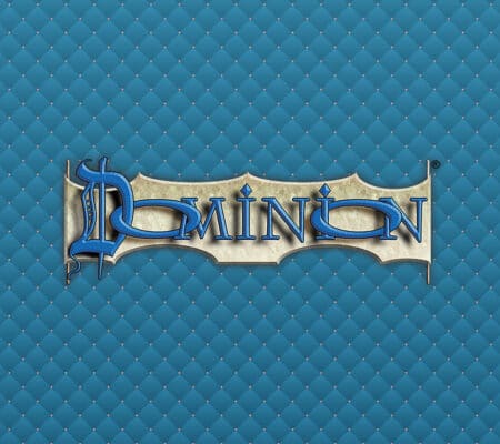 Blaues Dominion Hintergrund Pattern mit darüberliegendem Dominion Logo.