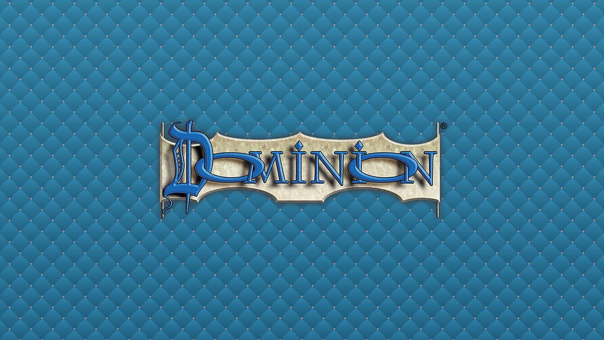 Blaues Dominion Hintergrund Pattern mit darüberliegendem Dominion Logo.