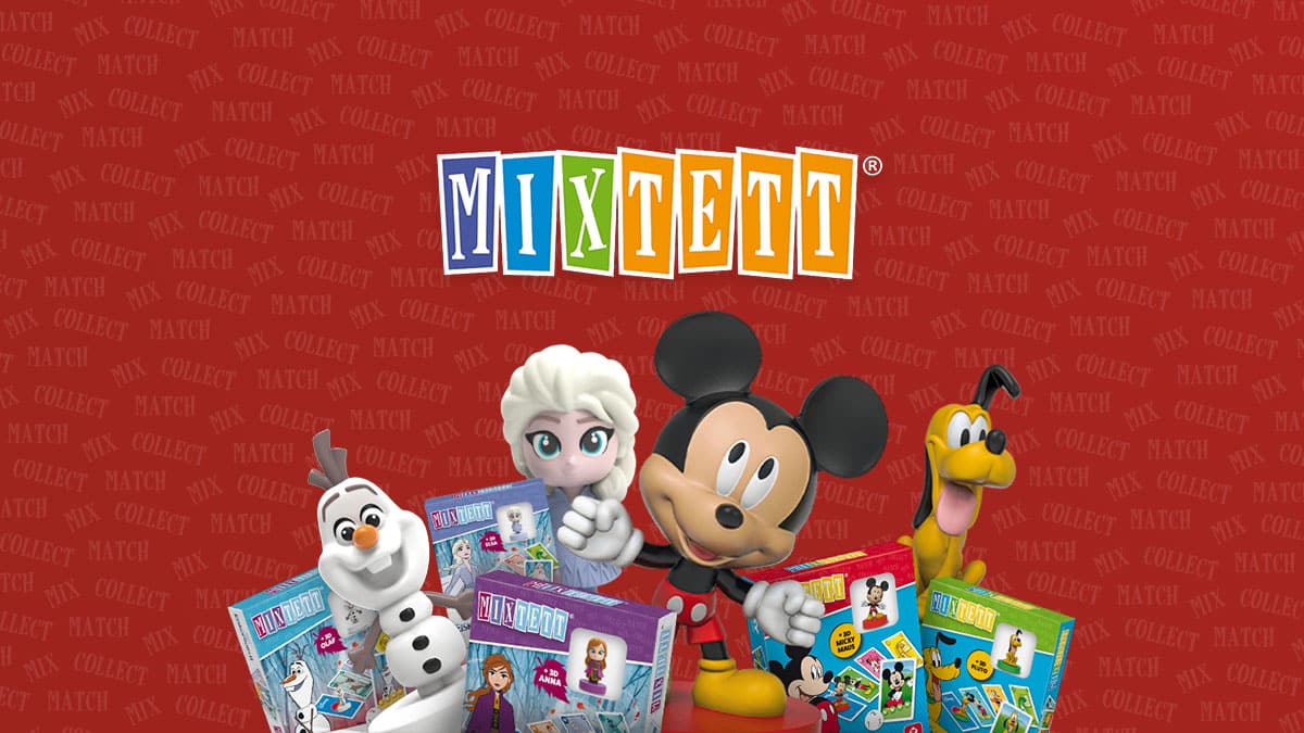 Rotes Mixtett Hintergrund Patter. Davor befinden sich eine Zusammenstellung von Disney Figuren, sowie den Mixtett Produkten von ASS Altenburger und dem Mixtett Logo darüber.