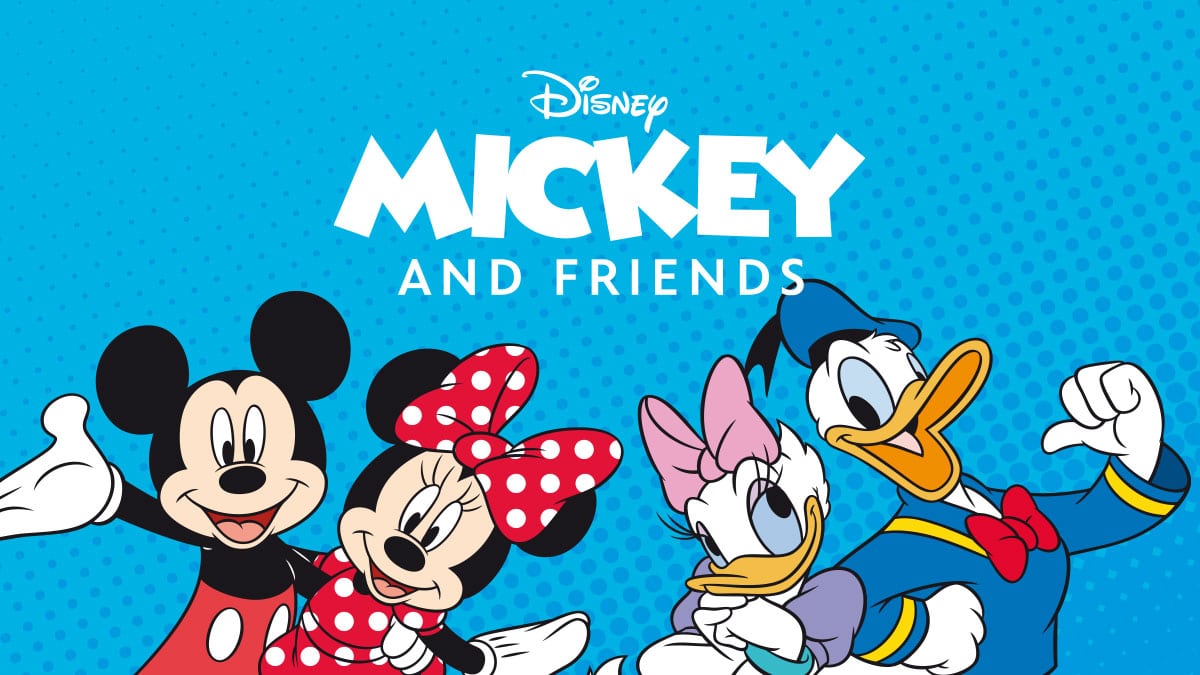 Mickey, Minnie, Daisy und Donald unter Disneys Mickey Mouse and Friends Logo auf gepunkteten, blauem Hintergrundverlauf.