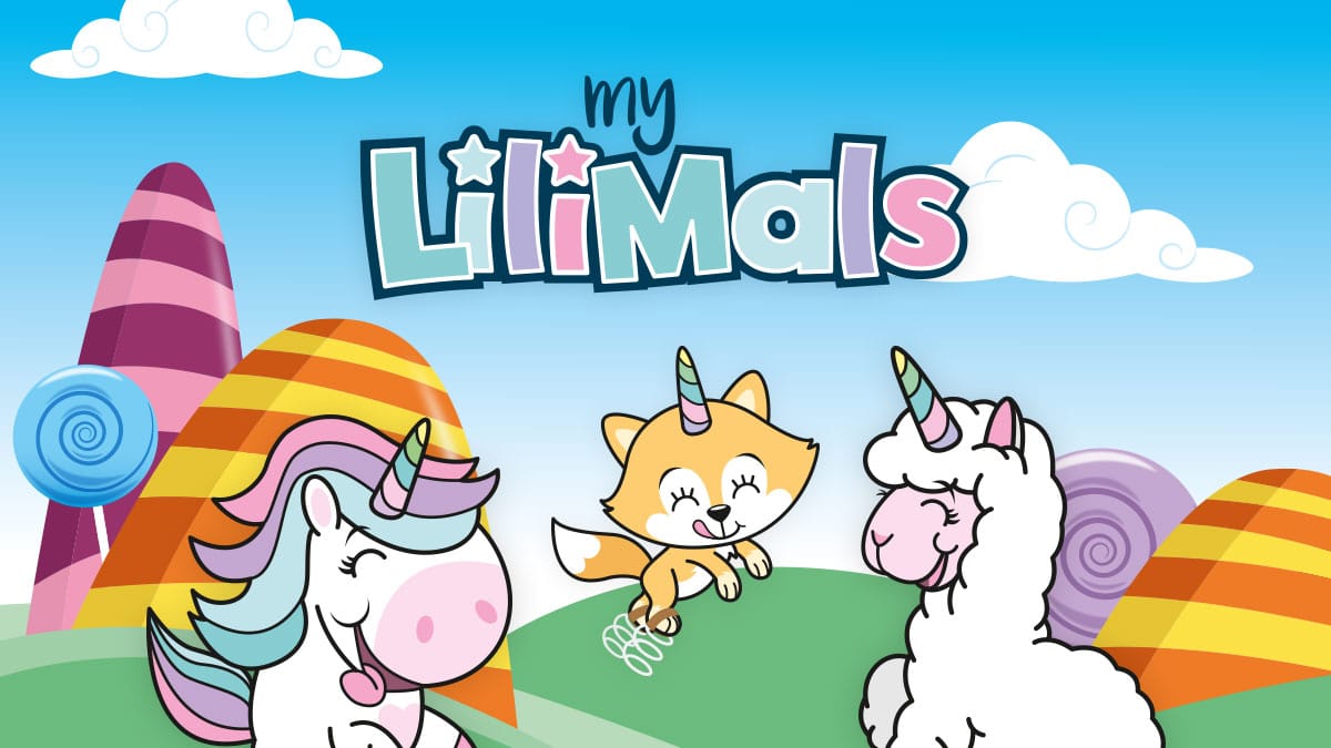 myLilimals Schriftzug mit verschiedenen myLilmals Figuren auf buntem Hintergrund aus Lollies, Berge, Wiesen und Wolken.