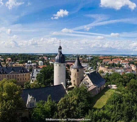 Blick auf das Schloss Altenburg und über die Stadt Altenburg in Thüringen. Skatstadt Altenburg, ASS Altenburger