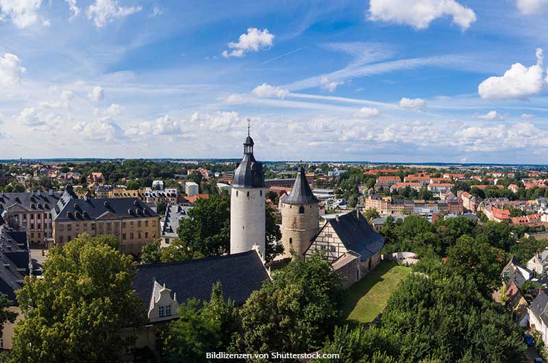 Blick auf das Schloss Altenburg und über die Stadt Altenburg in Thüringen. Skatstadt Altenburg, ASS Altenburger