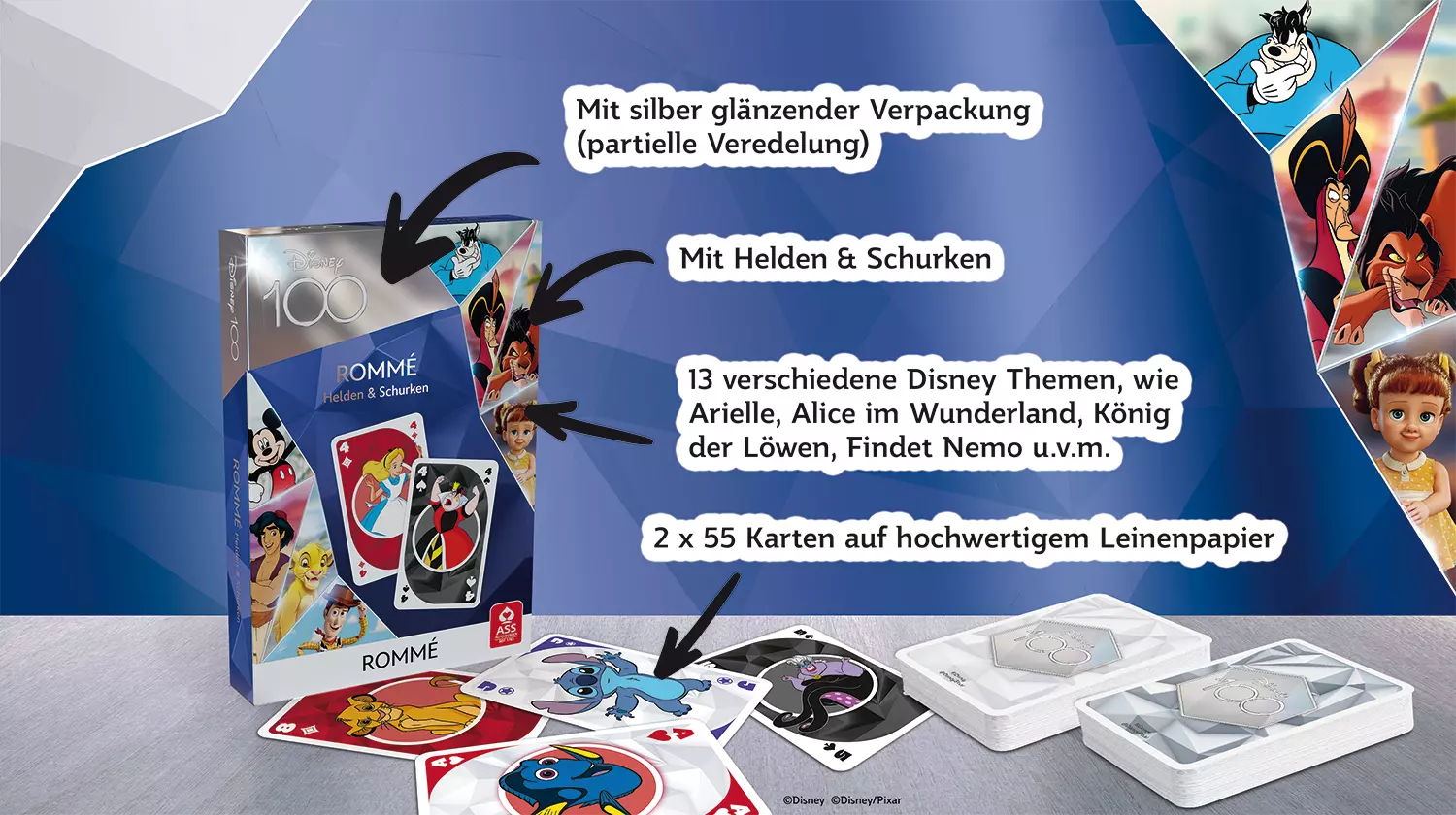 Es ist das ASS Altenburger Disney 100 Rommé Kartenspiel zu sehen, auf der Grafik sind außerdem Fakten zu dem Kartenspiel zu sehen.