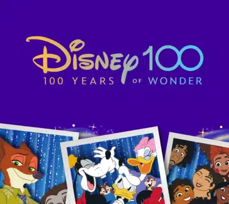 Charaktere aus den Welten von Zoomania, Mickey Mouse, Donald Duck und Encanto sind eingerahmt abgebildet vor einem dunklem Hintergrund. Über ihnen steht das Disney 100, 100 Years of wonder Logo.