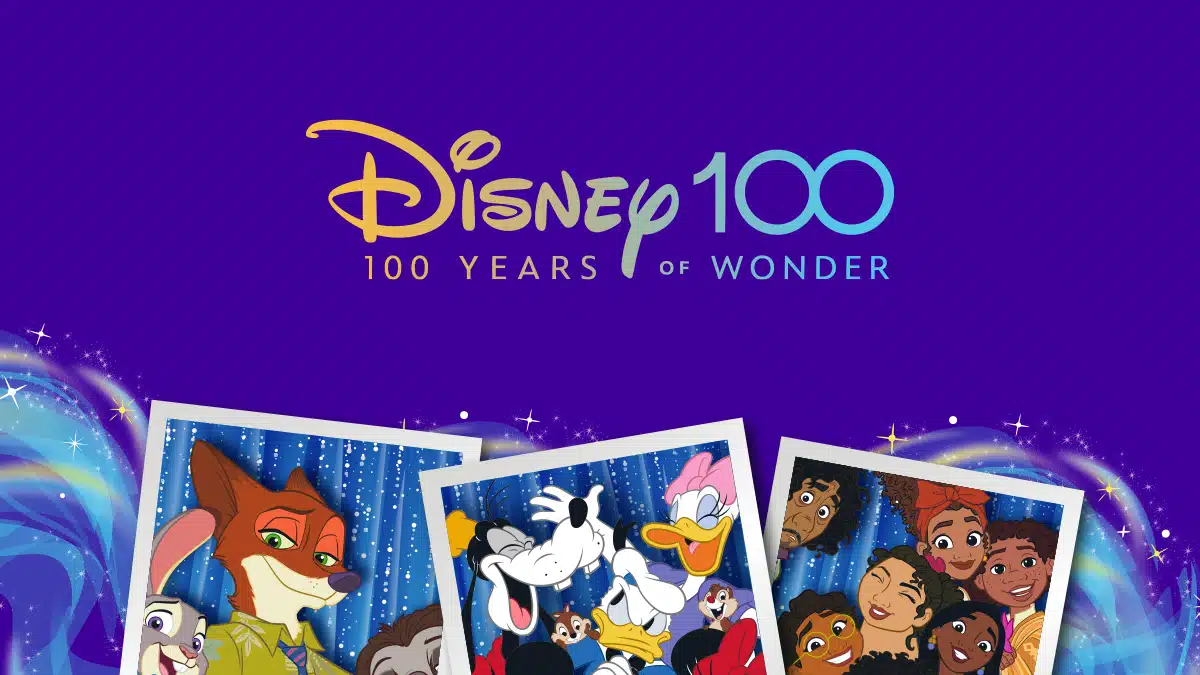 Charaktere aus den Welten von Zoomania, Mickey Mouse, Donald Duck und Encanto sind eingerahmt abgebildet vor einem dunklem Hintergrund. Über ihnen steht das Disney 100, 100 Years of wonder Logo.