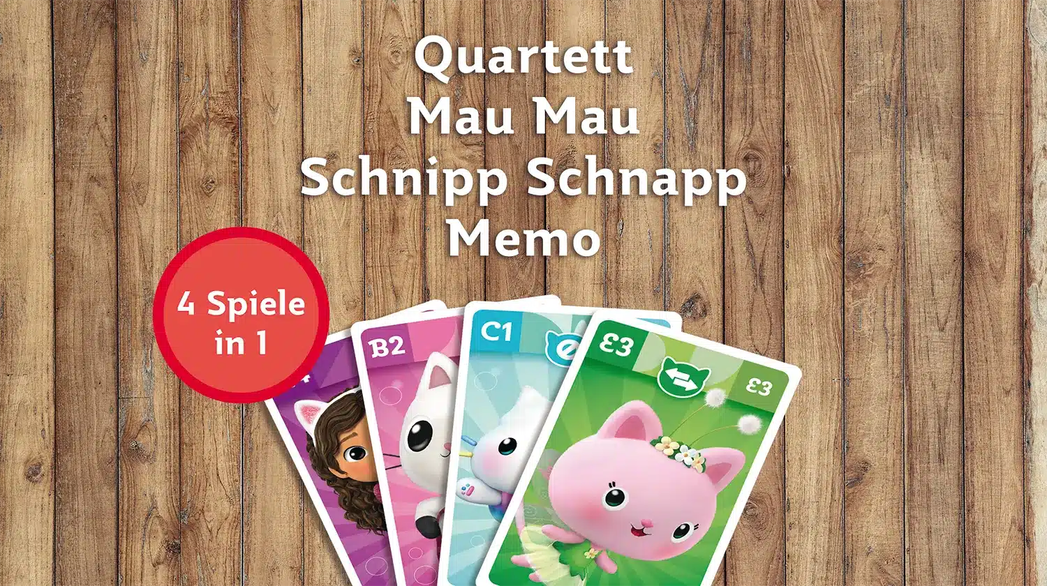 Es sind die Karten des Gabby's Dollhouse Quartett 4in1 zu sehen inkl. der 4 verschiedenen Spielmechaniken.