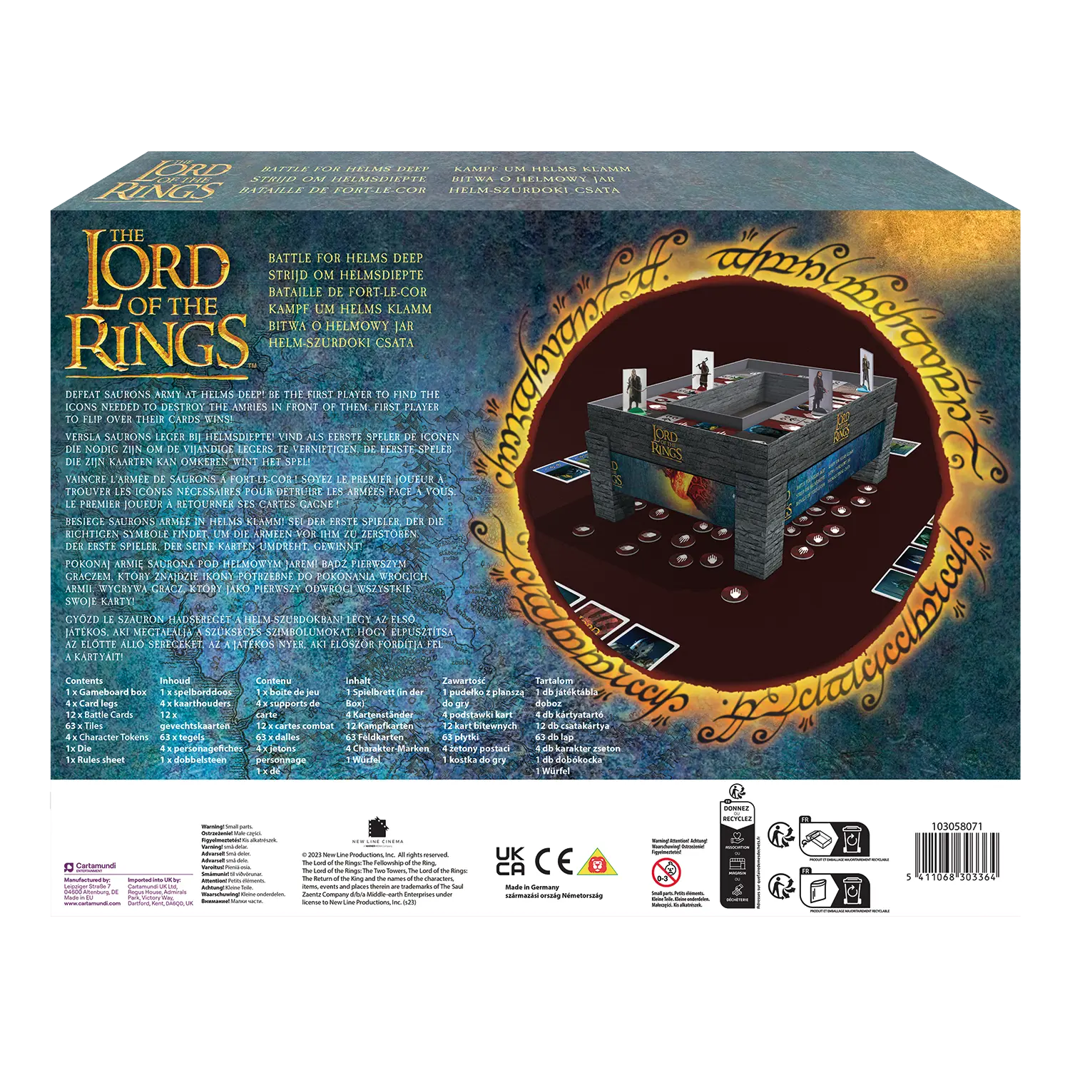 Das Lord of the Rings Helms Deep Spiel steht mit sichtbarer Rückseite vor weißem Hintergrund.