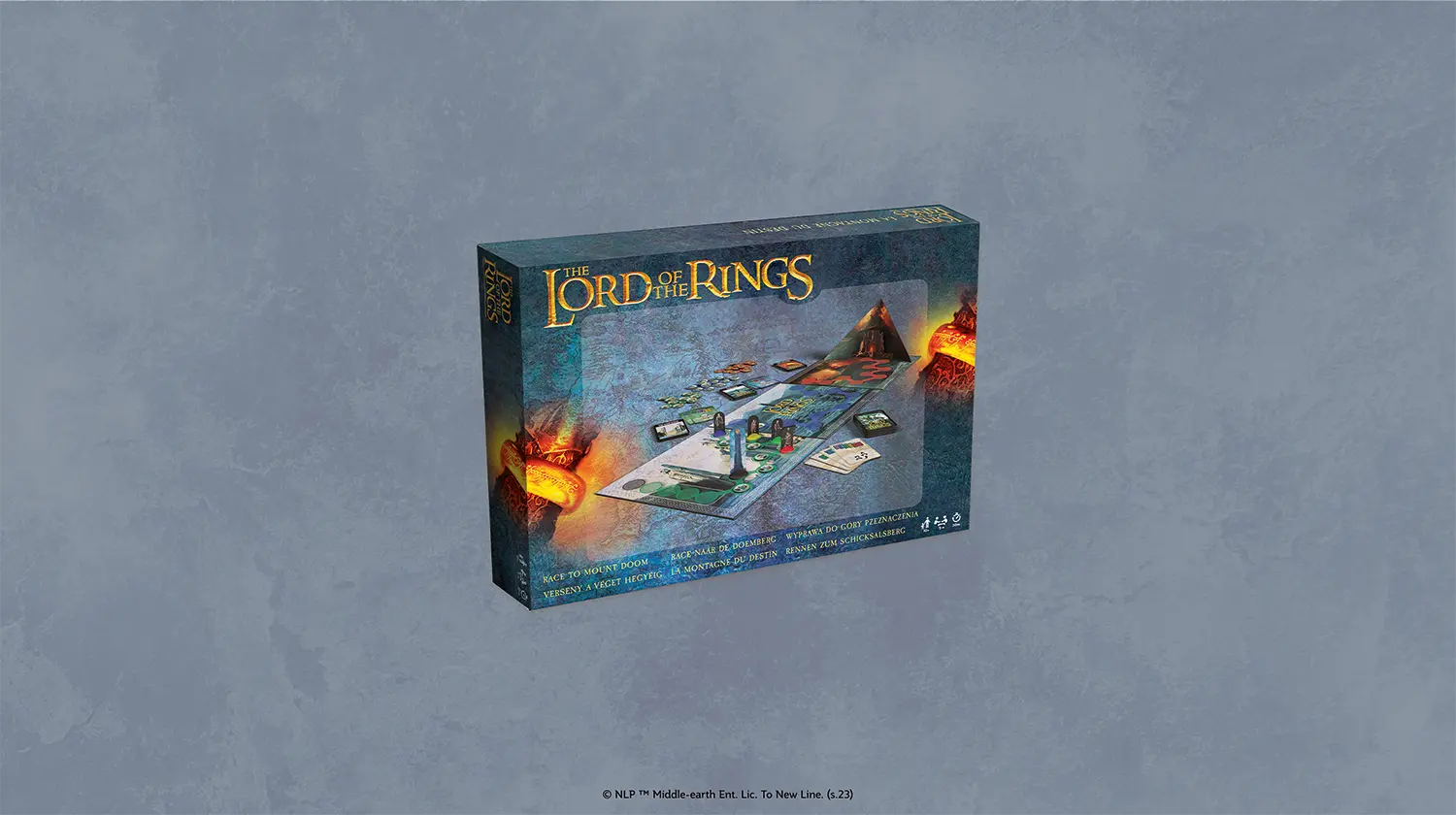 Das Lord of the Rings Mount Doom Spiel steht mit sichtbarer Vorderseite vor grauem Hintergrund.