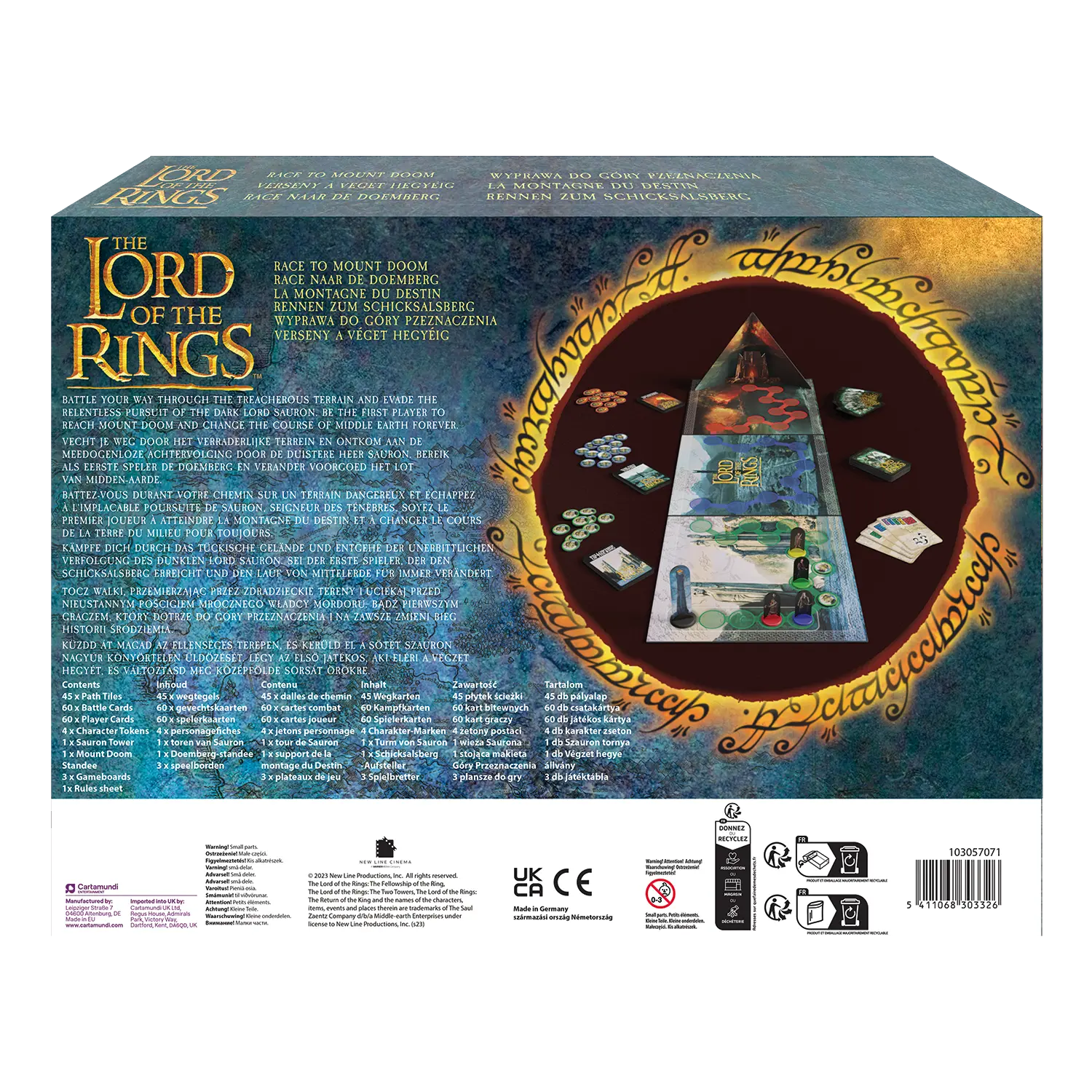 Das Lord of the Rings Mount Doom Spiel steht mit sichtbarer Rückseite vor weißem Hintergrund.