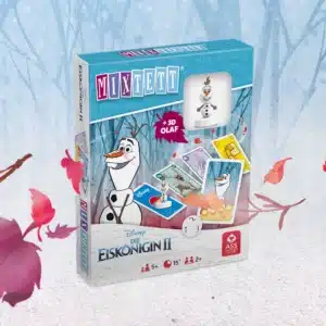 Das Disney Die Eiskoenigin 2 Mixtett Olaf Spiel steht auf einem verschneitem Untergrund. Im Hintergrund ist ein verschneiter Wald zu erkennen, um das Spiel herum fliegen ein paar bunte Laubblätter im Wind.
