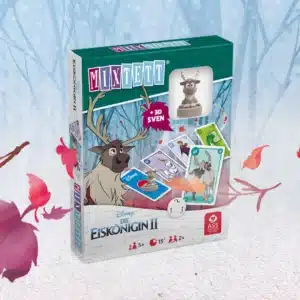 Das Disney Die Eiskoenigin 2 Mixtett Sven Spiel steht auf einem verschneitem Untergrund. Im Hintergrund ist ein verschneiter Wald zu erkennen, um das Spiel herum fliegen ein paar bunte Laubblätter im Wind.