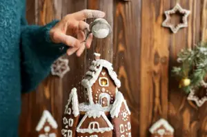 Puderzucker wird auf Lebkuchenhaus gestreut lebkuchenhaus -ass-altenburger