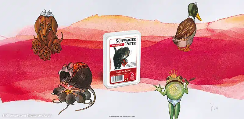 Kartenspiel Schwarzer Peter inmitten von Illustrationen einer Hundemutter eines Frosches eines Mäusepaars und einer Ente. Schwarzer Peter, ASS Altenburger
