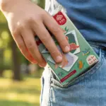 Kartenspiel FSC Tierbabys Memo wird von Hand in Hosentasche einer Jeans gesteckt. Kindertag, ASS Altenburger