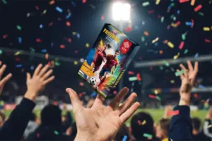 Kartenspiel TOP ASS Fußball Quartett wird bei Jubel in Stadion von Händen hochgeworfen. Spiele, Fußball, WM. ASS Altenburger