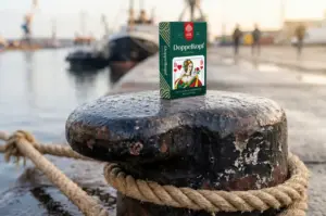 Kartenspiel Doppelkopf steht auf Poller am Hafen. Im Hintergrund liegen Schiffe und Menschen spazieren. Doppelkopf, ASS Altenburger